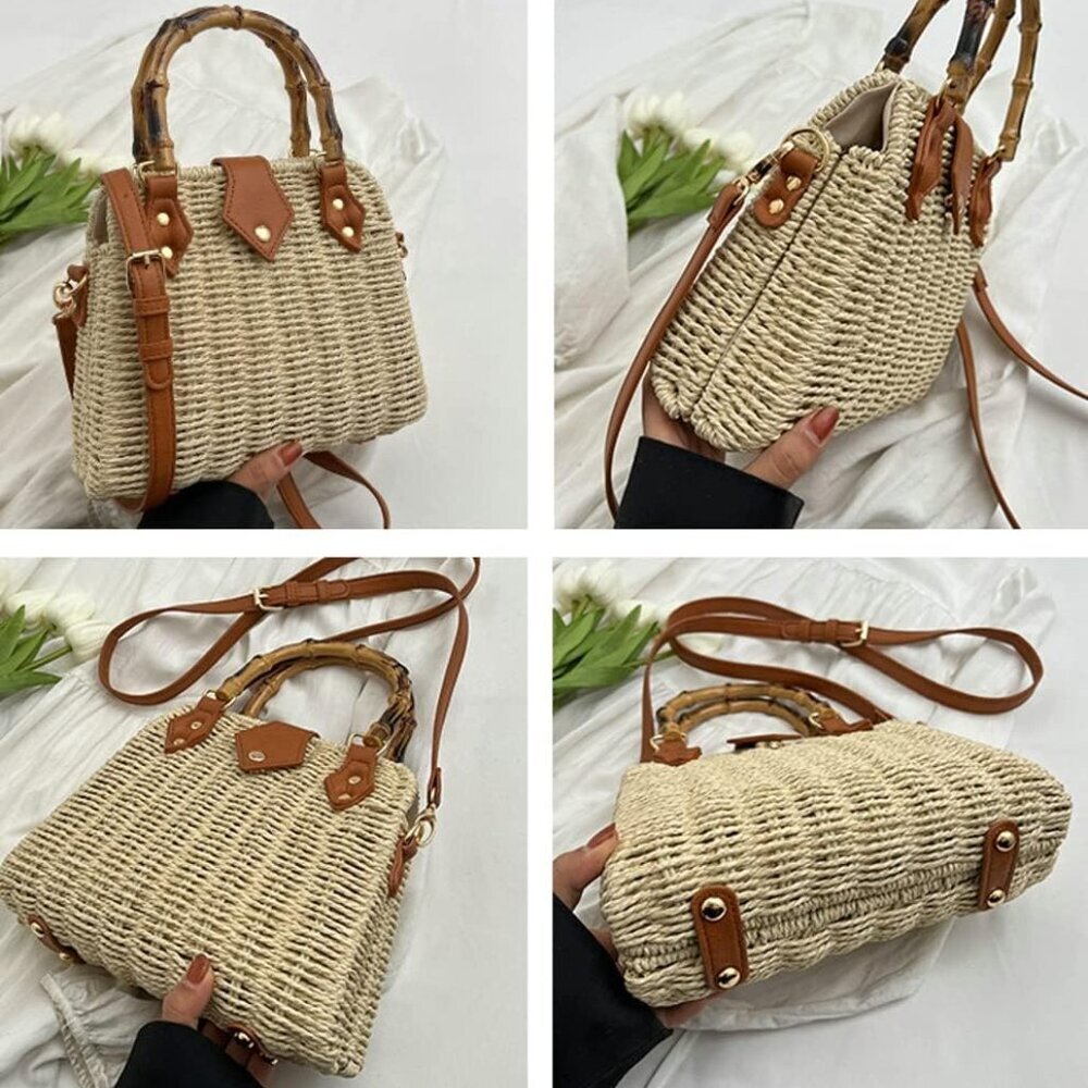 Women Straw Crossbody Bag Handwoven Basket Handbags Summer Beach Weave Shoulder - Picture 6 of 8